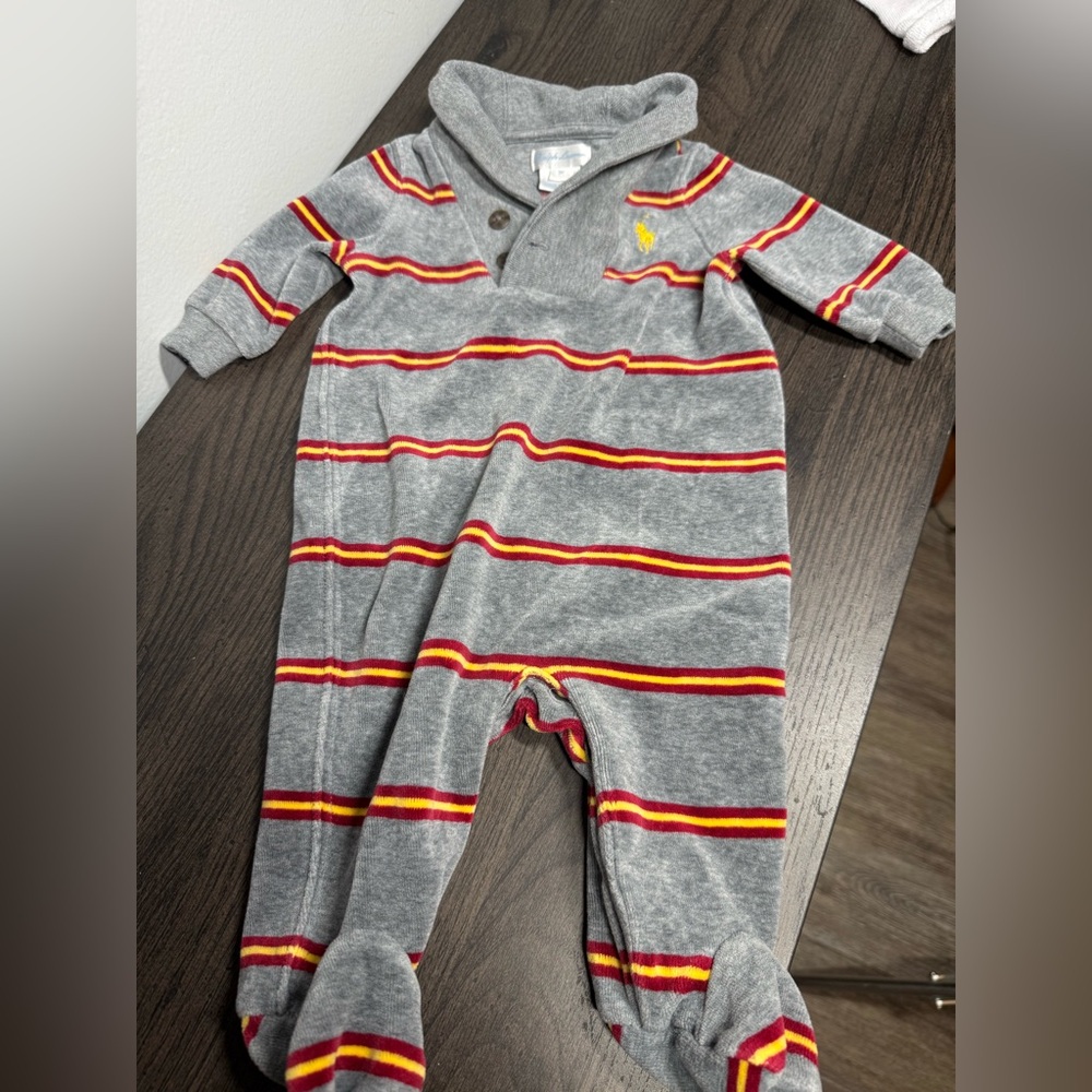 Ralph Lauren Gray Footie with Red and Yellow Stripes